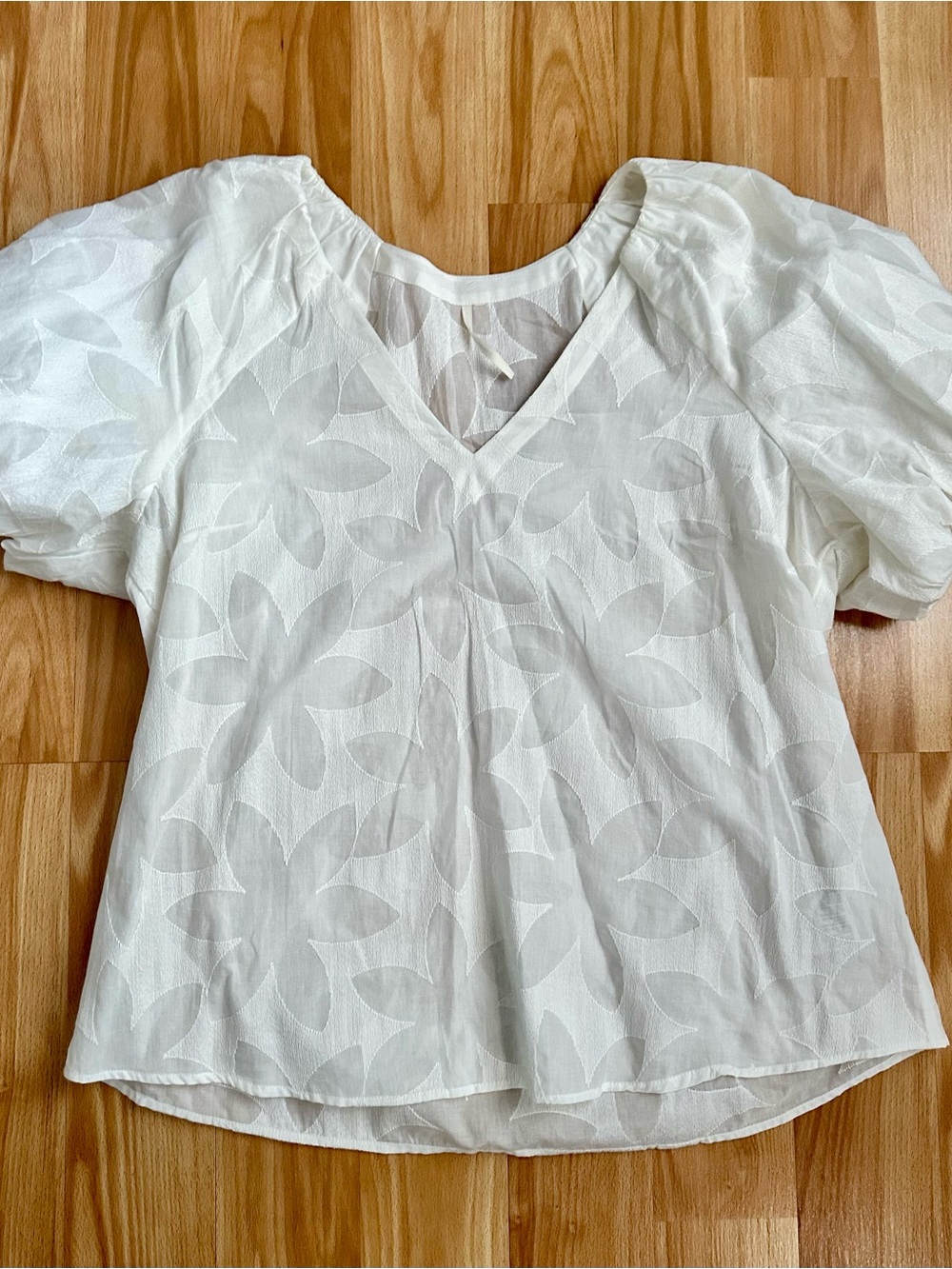 Anthropologie White V-Neck Puff Sleeve Jacquard Top